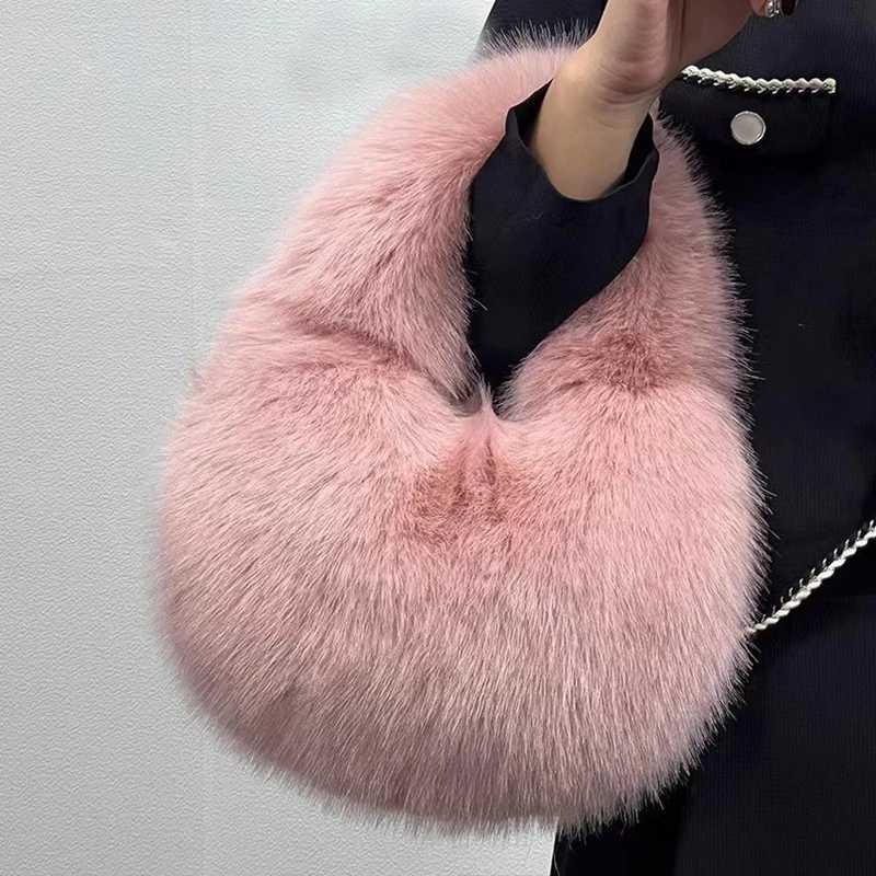 New Arrival Fashion soft plush half moon bag for women designer fluffy faux fur handbag for women luxury small handbag for women winter wallet T250407