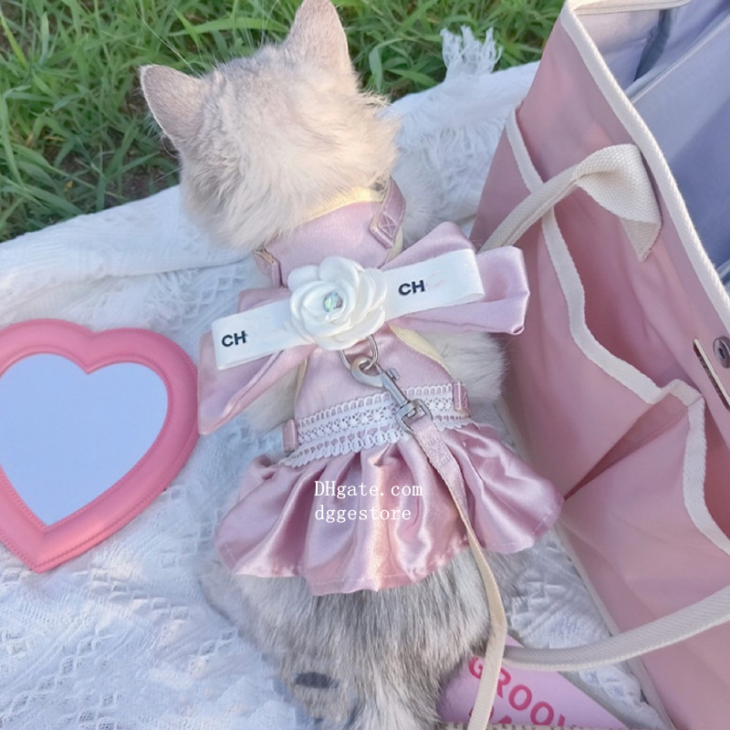 free shipping Designer Clothes Dog Harness Leash Set Puppy Cats Cute Floral Bowknot Princess Birthday Dress for Small Pet Dogs Kitten Outfits Apparel 