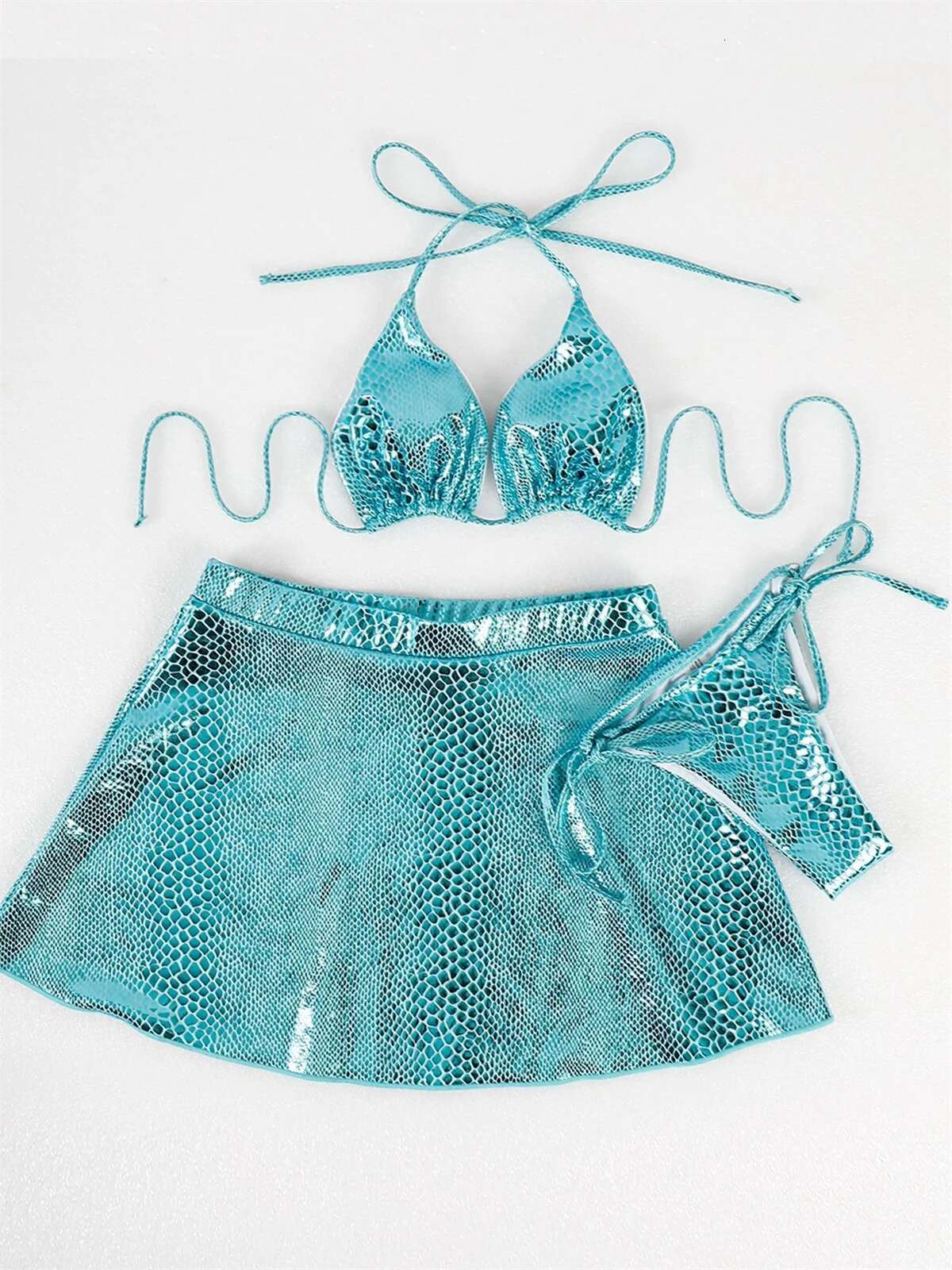 Dongdumaoyi Shiny Green Snake Print Bikinis Set Women Lace Up Bandage Skirt Cover Piece Swimsuit Beach Bathing Suit Thong Swimwear