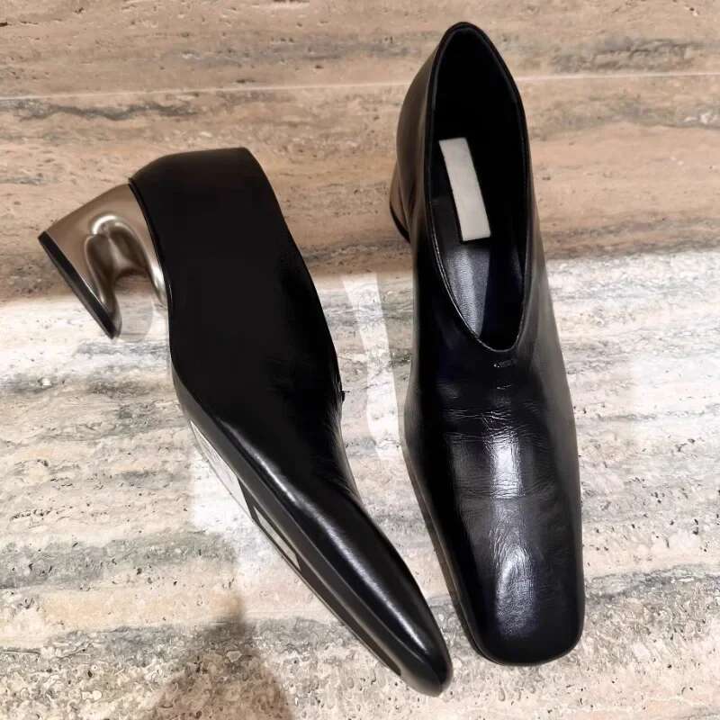 Women High Heels Square Toe 2025 Trend New Party Dress Elegant Chunky Leather Shoes Sexy Outdoor Atillas Mujer