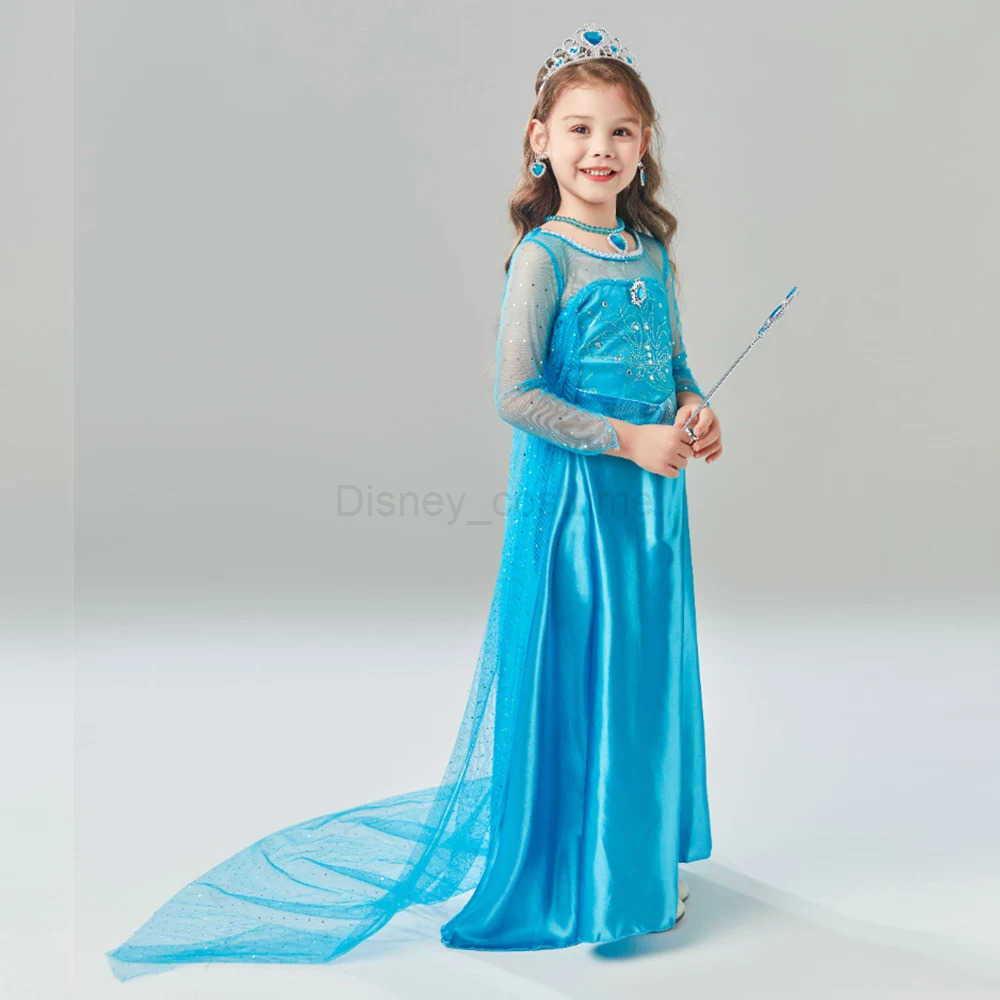 Disney Girls Princess Dress Blue Elsa Cosplay Clothing Fancy Carnival Birthday Party Toddler Clothing Halloween Role Playing Snow Queen X250408