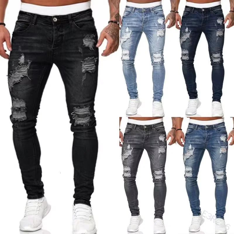 Mens jeans casual leggings stretch denim mens slim straight pants fashionable solid pencil clothing 250408