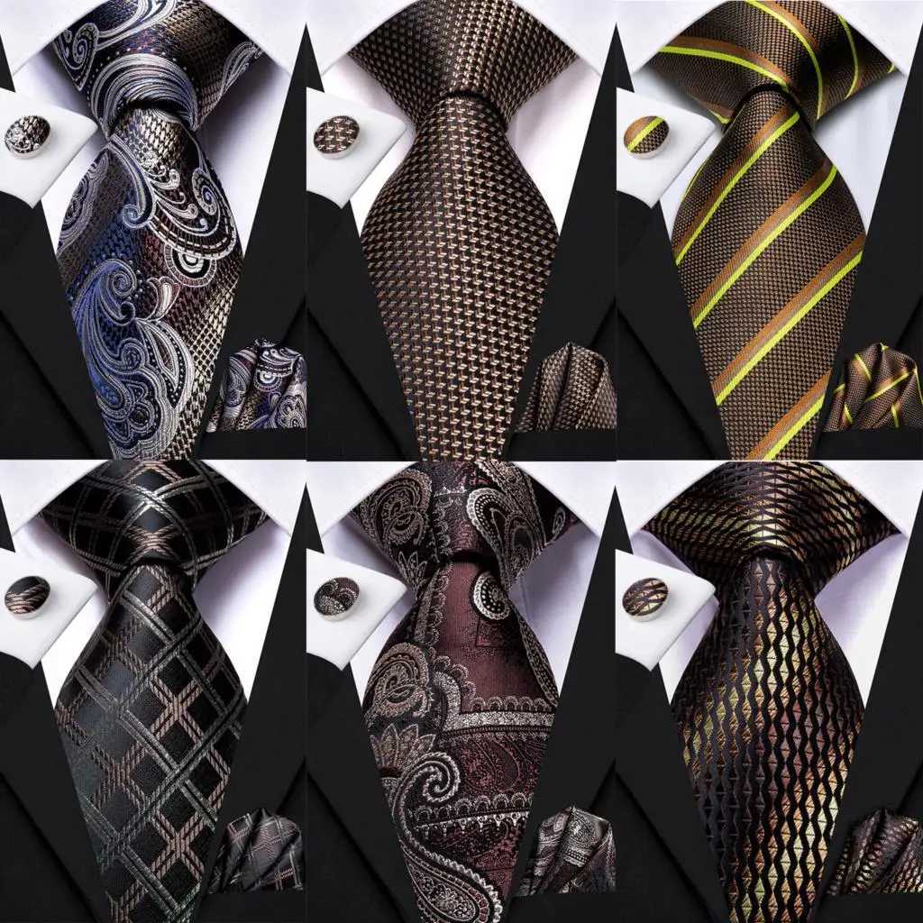 Hi-Tie Paisley Brown Tie For Men Elegant Mens Necktie Pocket Square Cufflink Gro Wedding Accessory Wholes New Designer X250407
