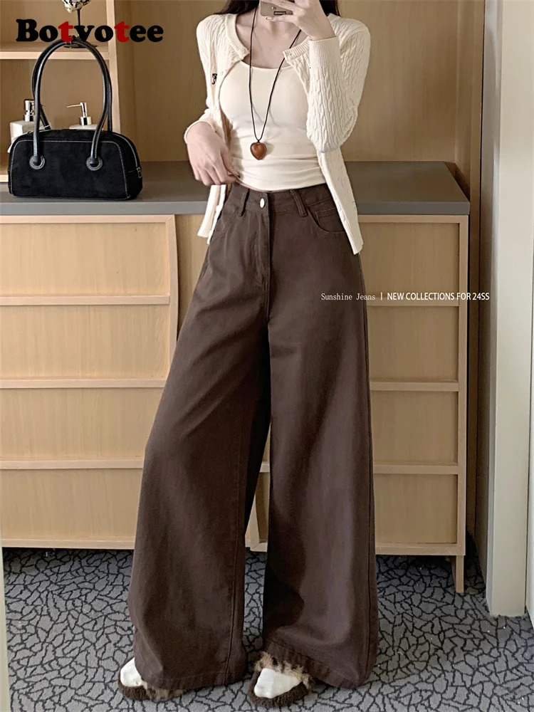 Botvotee Brown Pocket Jeans Womens High Waist Wide Leg Street Clothing Y2k Fashion Black Denim Pants Beige Slow 250407