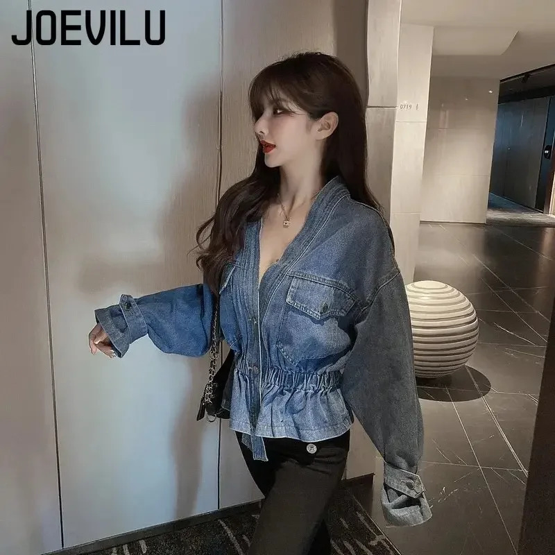 Jeans jacket Vneck pleated waist slim fit for womens autumn Korean fashion personalized irregular shirt loose casual denim top 250407