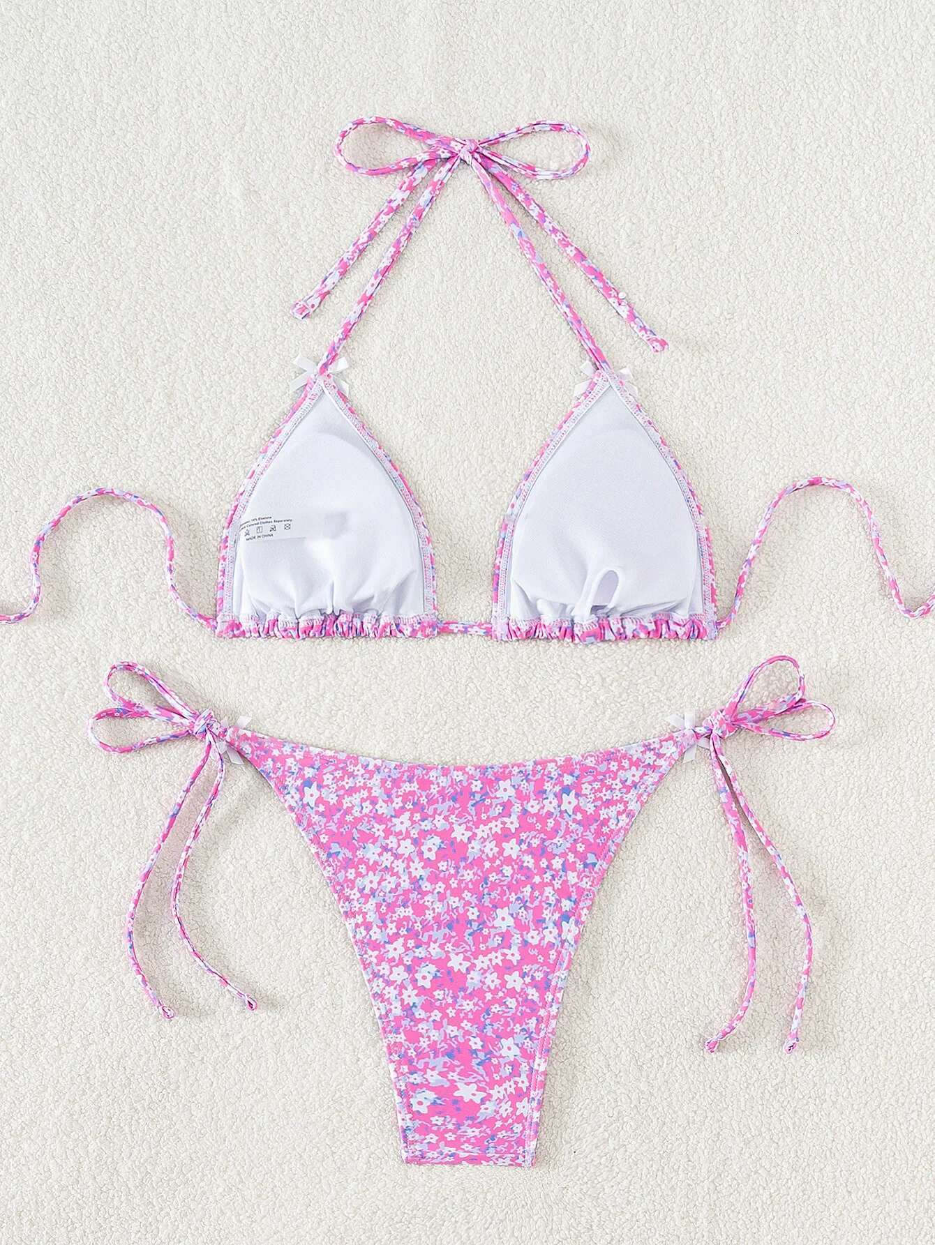 Dongdumaoyi Sexy Pink Floral Print Bikini Set Women Push Up Bra Butterfly Tie Side Thong Swimsuit Brazilian Bathing Suit Micro Swimwear