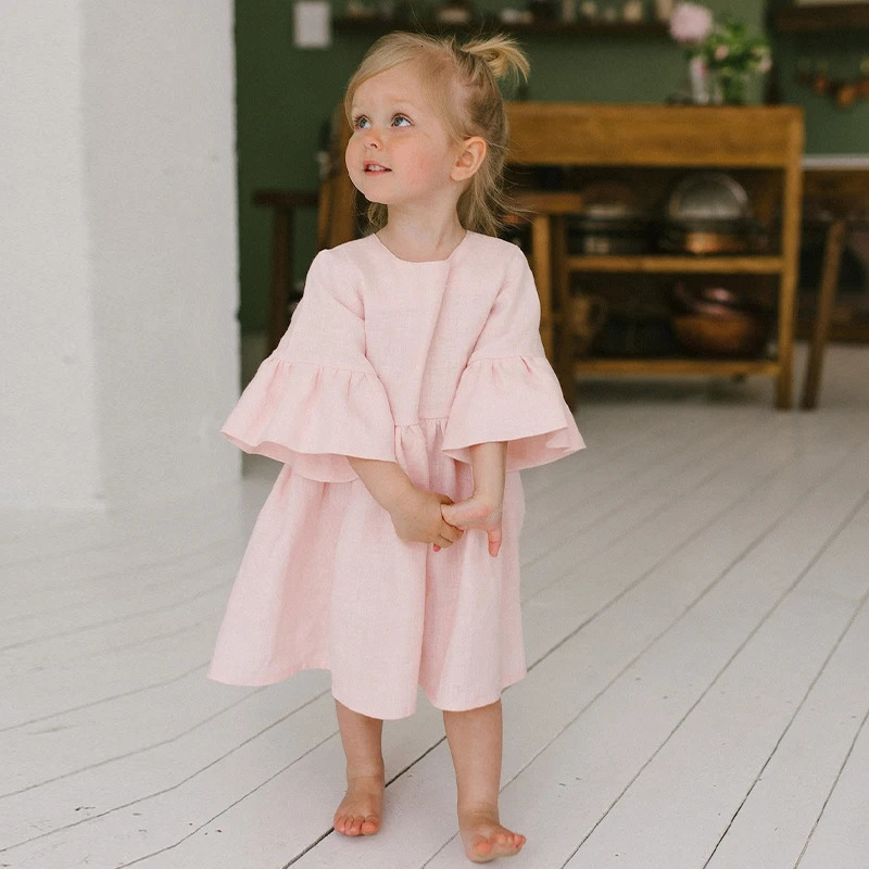 Girls Sweet Cute Cotton And Linen Dress Summer Baby Kids Flare Sleeve Casual Pink Princess Dresses Toddler Girl Clothes 250408