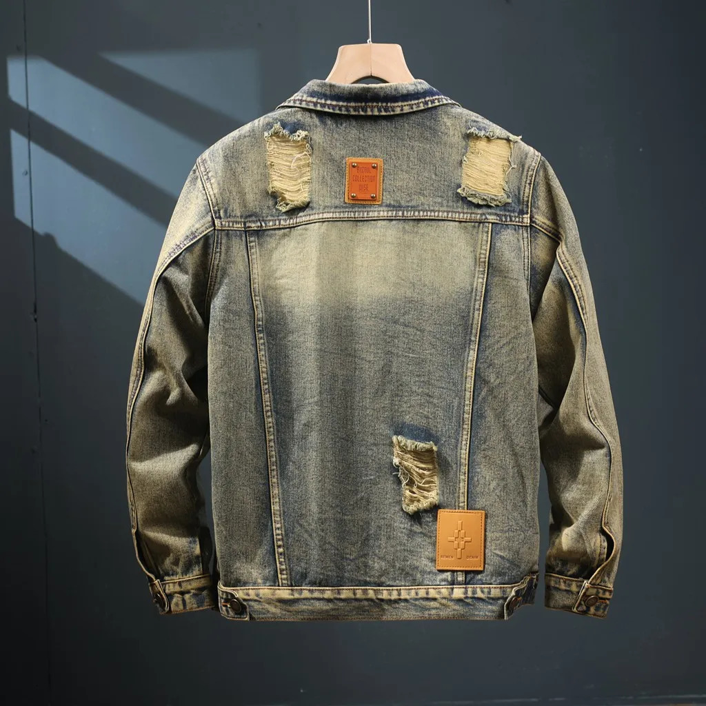 Open collar denim jacket mens vintage spring and autumn ripped streetwear rock hiphop casual motorcycle jeans freight 250407