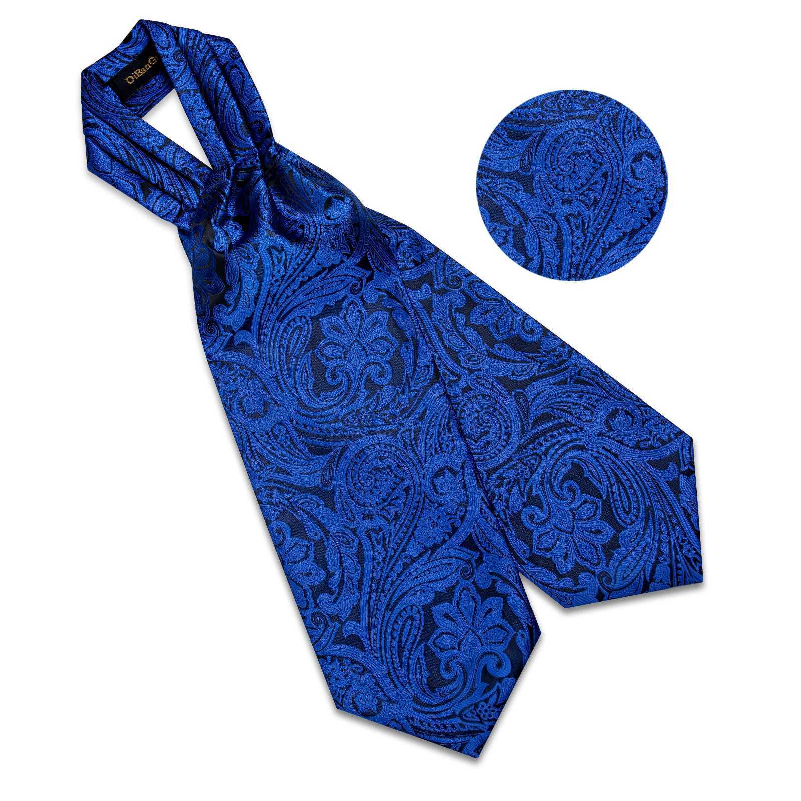 Ascot Ties for Men Luxury Paisley Floral Blue Black Cravat Necktie and Handkerchief Cufflinks Wedding Business Suits Accessories X250407