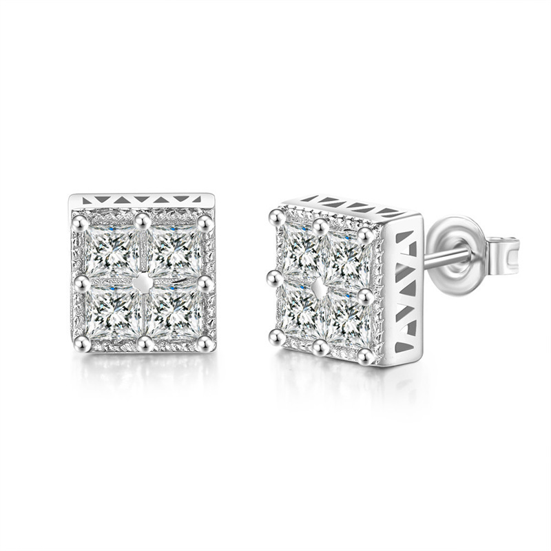 Delicate Square Cubic Zirconia Stud Earrings for Men 18K Real White Gold Plated White Crystal Earrings Luxury Hiphop Diamond Earring Party Birthday Ea