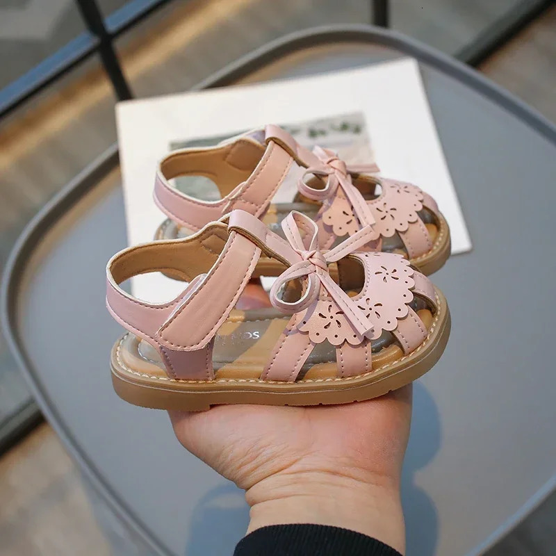 Girls Baby Sandals Summer Bow Beige Soft Girls Walking Shoes 2-12 Years Old Pink Fashion Non-slip Children Sandals Baby Shoes 250407