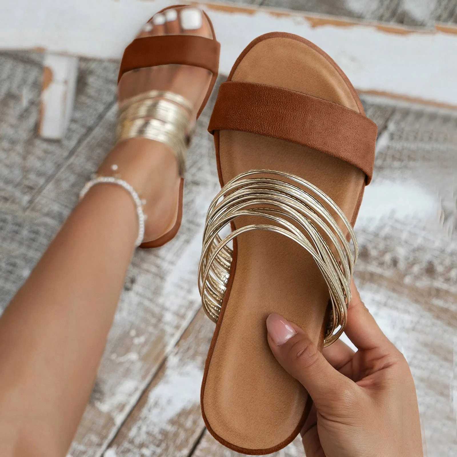 Womens shoes flat shoes Fiable gold silk slippers comfortable e-pods womens beach sandalsXJ250407