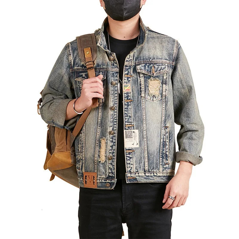 Open collar denim jacket mens vintage spring and autumn ripped streetwear rock hiphop casual motorcycle jeans freight 250407
