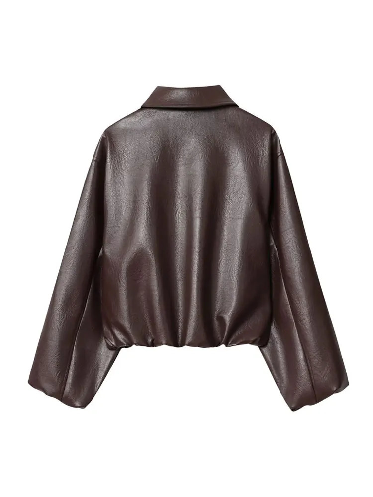 Womens Faux Leather Bomber Jacket Long Sleeve Chic Outerwear Elastic Hem Female Fashion Top 251105
