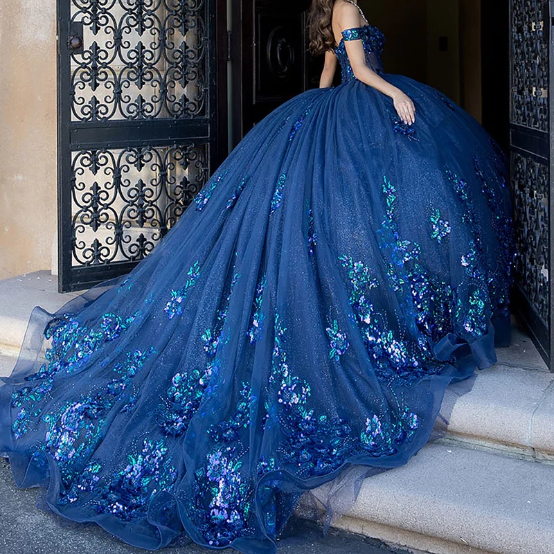 Navy Blue Quinceanera Dresses Off Shoulder Ball Gown Sweet 16 Dress Sequin Applique Lace Beads Tull Birthday Party Vestidos 15 De Anos