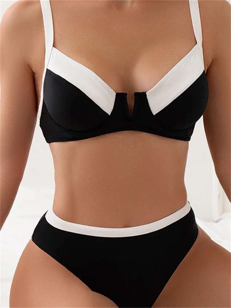 Dongdumaoyi Sexy Black White Patchwork Bikini Women Halter V Underwire Push Up Micro Swimsuit Beach Bathing Suit High Waist Swimwear