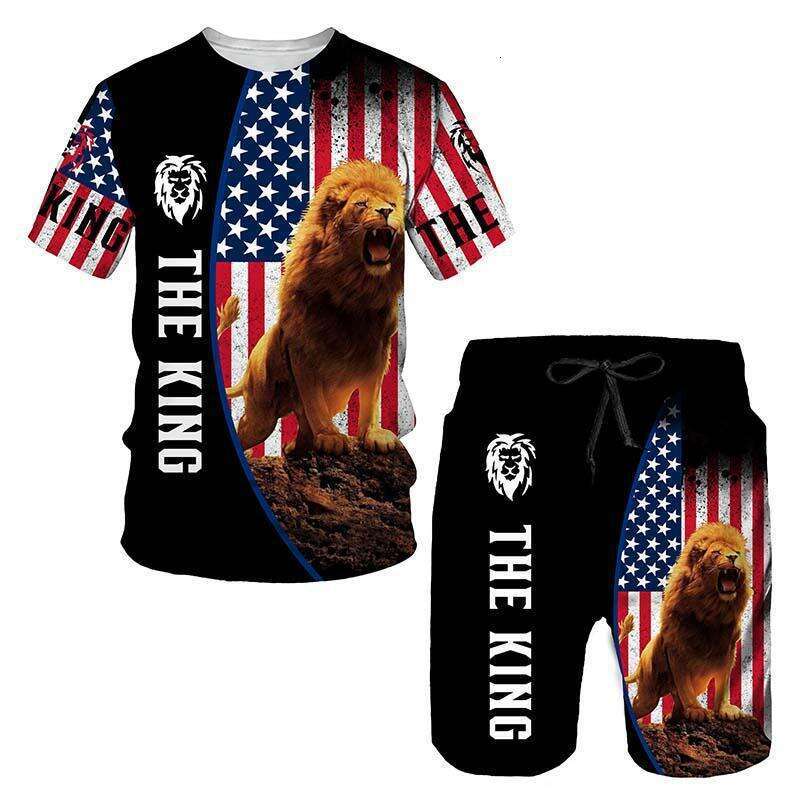 New European and American set with 3D digital printed animal images, short sleeved shorts, men's beach sports pants, new casual versatile fashion