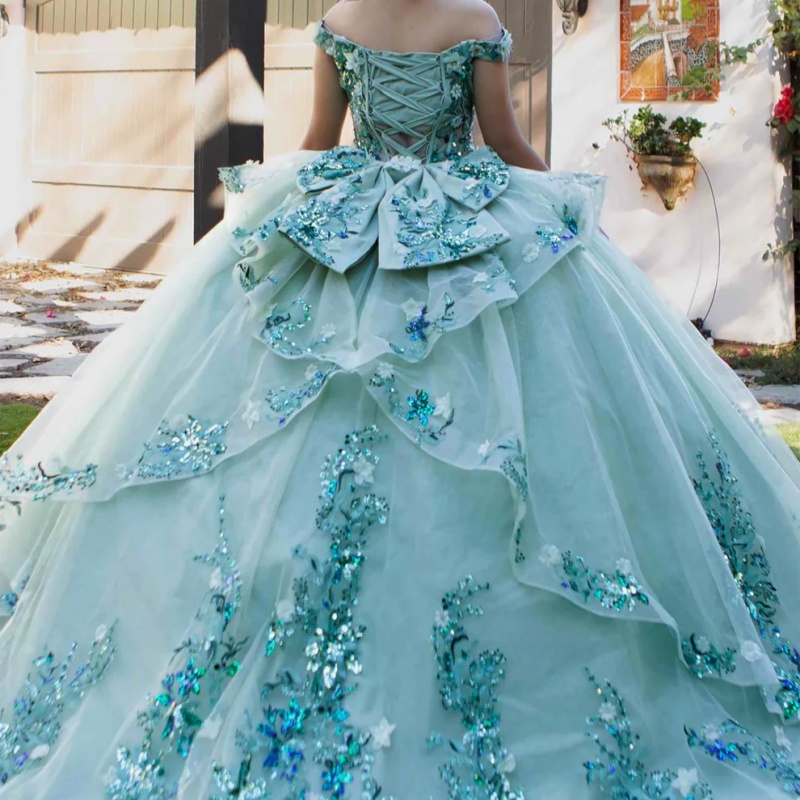 Mint Green Quinceanera Dresses Off Shoulder Ball Gown Sweet 16 Dress Sequin Applique Lace Beads Bow Tull Birthday Party Vestidos 15 De Anos