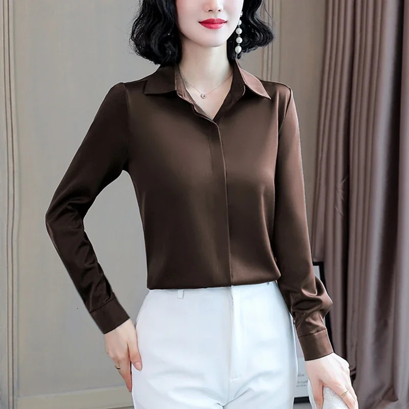 Womens Silk Office Shirt Fashion Long Sleeve Casual Womens Top Elegant Womens Retro White Satin Shirt Oversized 250402