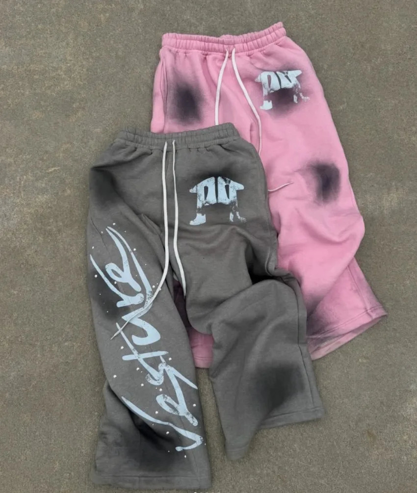 American Street Hip Hop Pants Y2K Alphabet Printing Mens and Womens Couple Drawstring Straight Casual Loose 250403