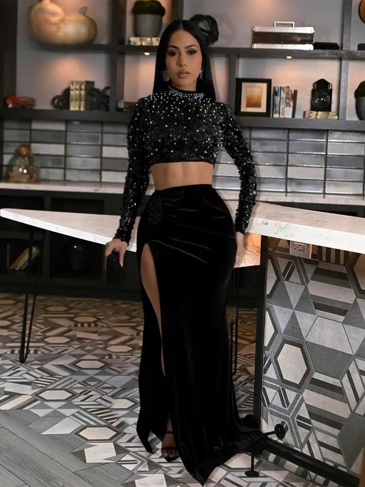 Veet Chic And Elegant Woman Set Sexy Full Sleeve Sequins Pearls Crop Tops+Split Long Skirt 2 Piece Sets Party Clubwear