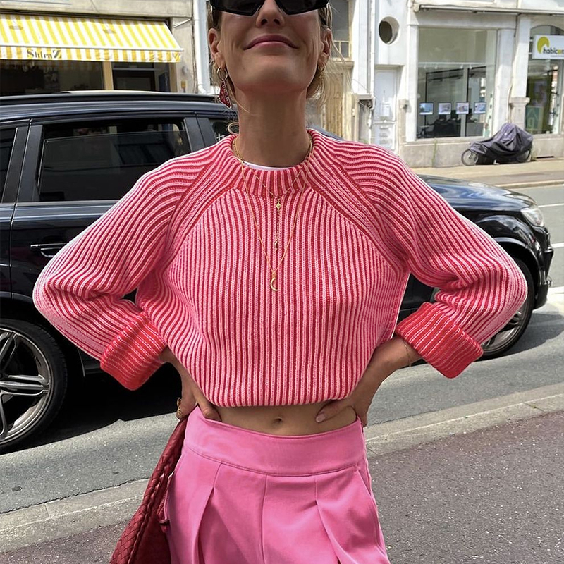 Fall clothes for women, women's two-tone design sweater, loose huge round neck casual comfortable and versatile pullover top, Valentine's Da