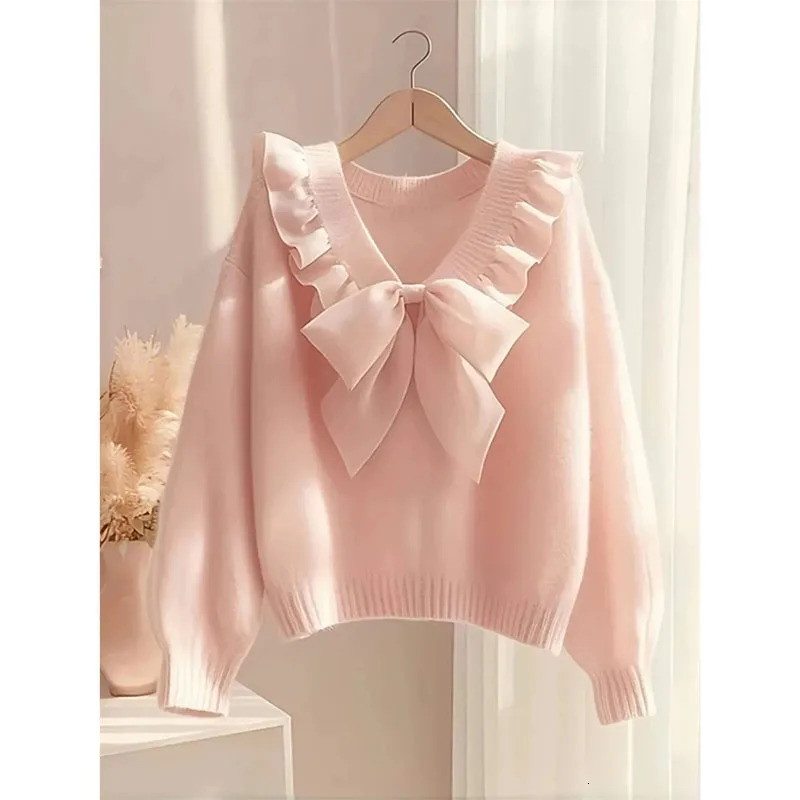 Pink Bow Knited Sweater Sweatshirt Unique Super Beautiful Long Sleeved Top 2025 Spring Autumn Women Knitwear Pullover Shirt 251104