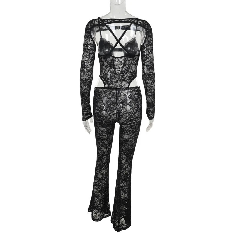 Avrilyaan Perspective Hollow Out Lace Backless Sexy Autumn Playsuits Rompers Women Casual Long Jumpsuits One Piece Outfit 250407