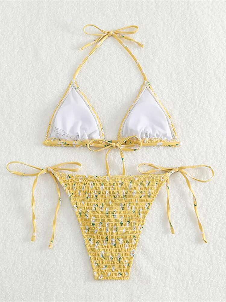 Dongdumaoyi Sexy Pleate Bikini Set Women Brazilian Yellow Floral Print Push Up Micro Swimsuit Cute Lace Bathing Suit Thong Swimwear