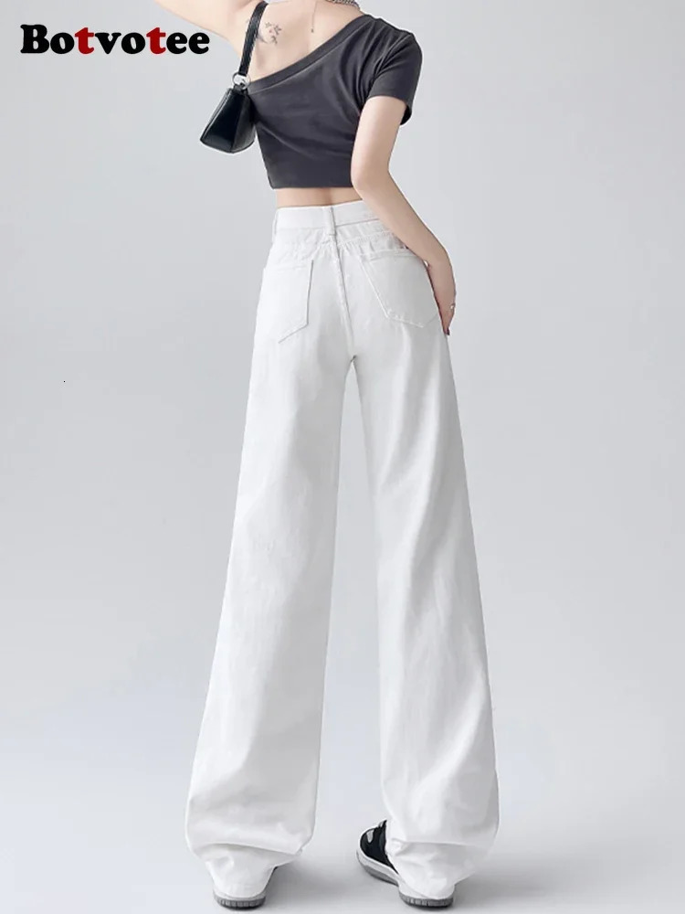Botvotee White Straight High Waist Womens Jeans SpringSummer Korean Fashion Strap Retro Clothing Blue 250407