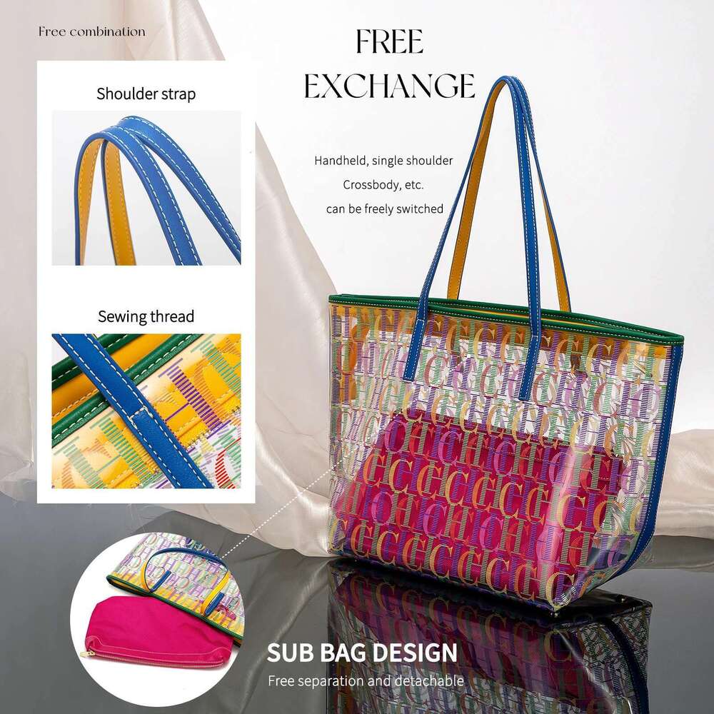 CHCH Women's Tote Blue Transparent PVC Letter Printed Handbag Large Capacity Mother Child Shopping Bag