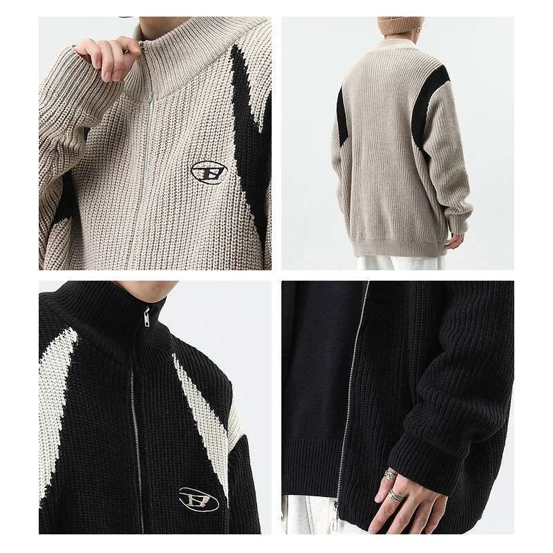 Contrast Paneled Mens Streetwear Cardigan Knitted Sweater Autumn Winter Loose Casual Long Sleeve Zipper Outerwear Men