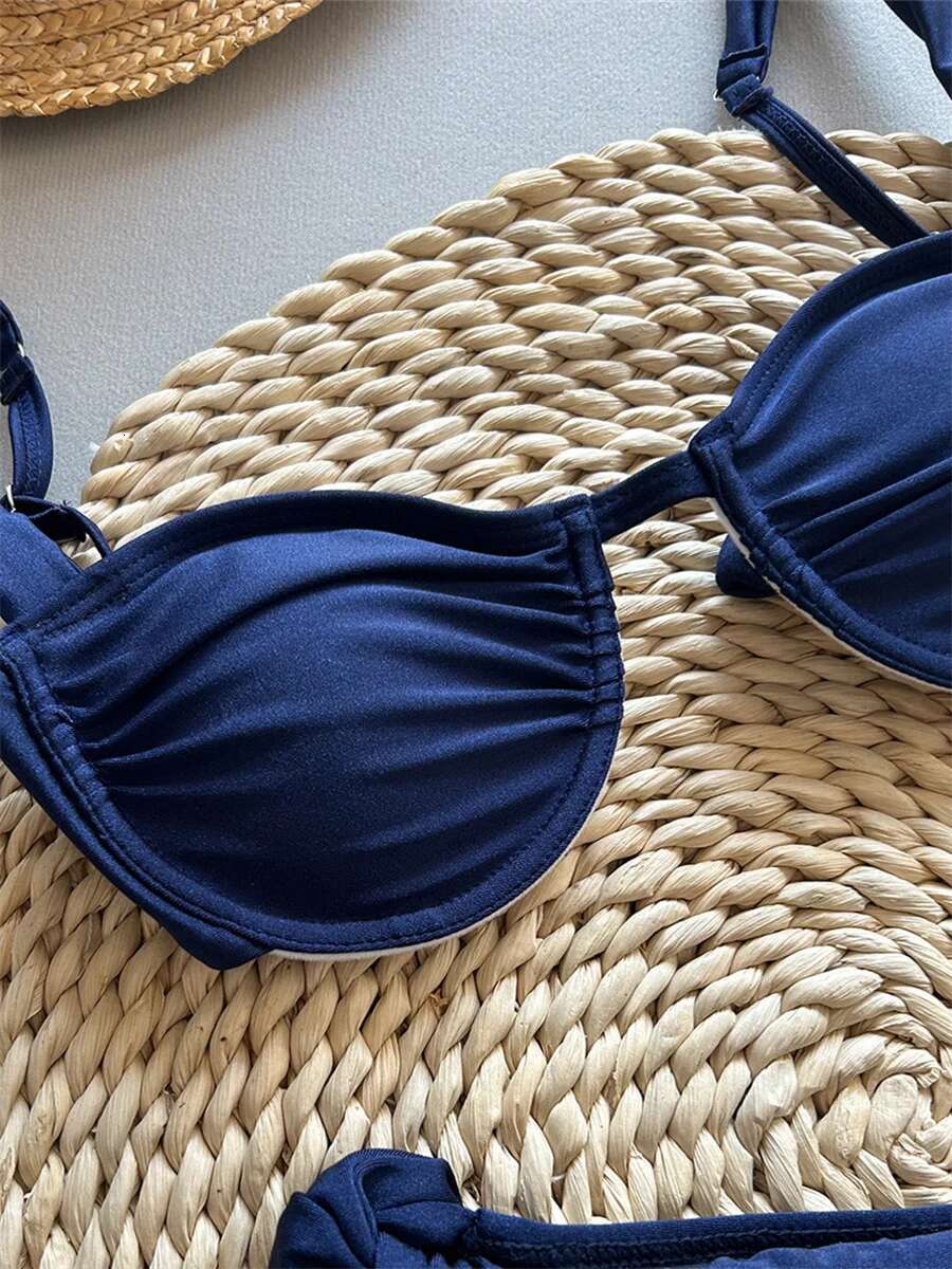 Dongdumaoyi Sexy Underwire Bikini Mujer Women Navy Pleate Push Up Micro Swimsuit Brazilian Beach Bathing Suit Thong Swimwear Biquini