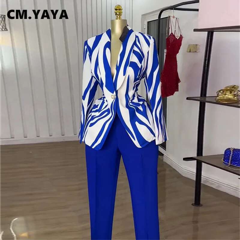 Cm.Yaya Fashion Women's Set Striped Long Sleeve Blazer Top And Straight Pants Suit 2025 OL Chic Two 2Piece Sets Outfit Tracksuit