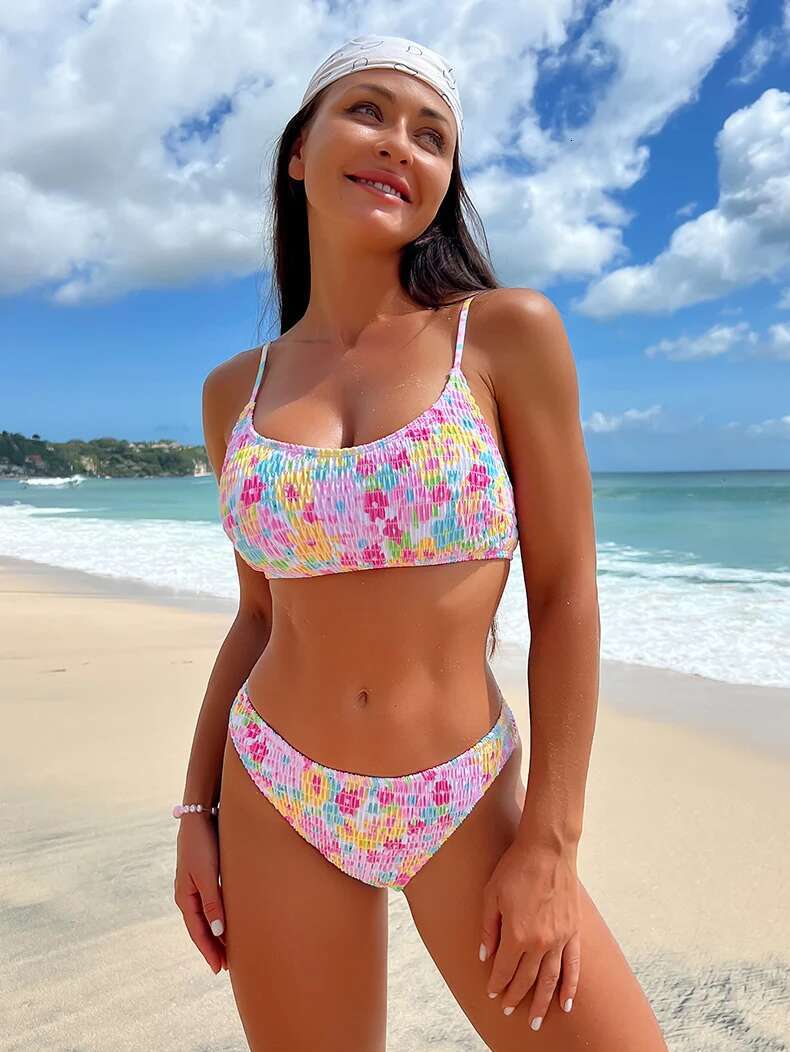 Dongdumaoyi Sexy Pink Floral Print Bikini Set Women Halter Pleate Push Up High Waist Swimsuit Brazilian Bathing Suit Two Piece Swimwear