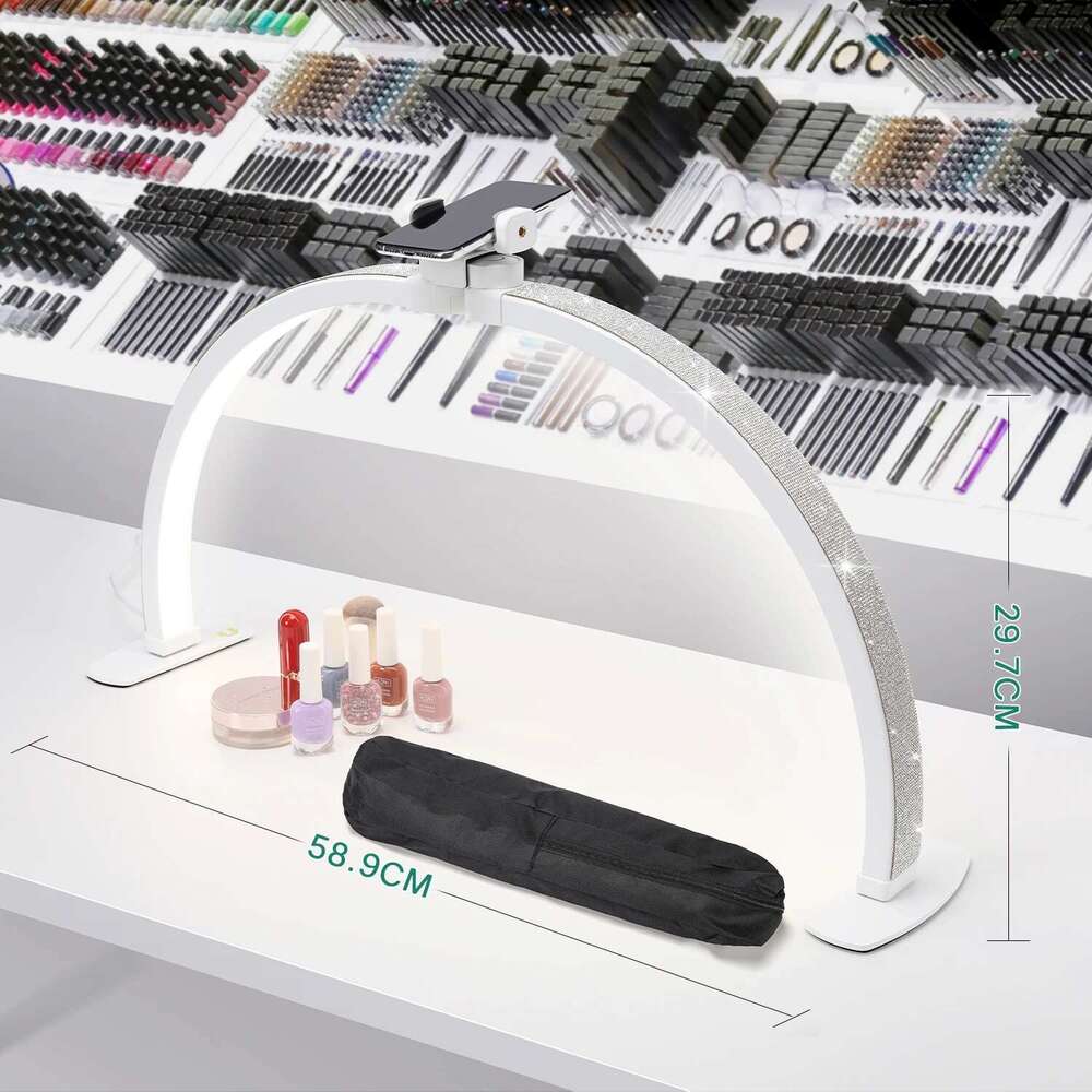 Upgraded Phone Holder Foldable Half Moon Light for Desk, Nail Table Lamp with Stepless Dimming