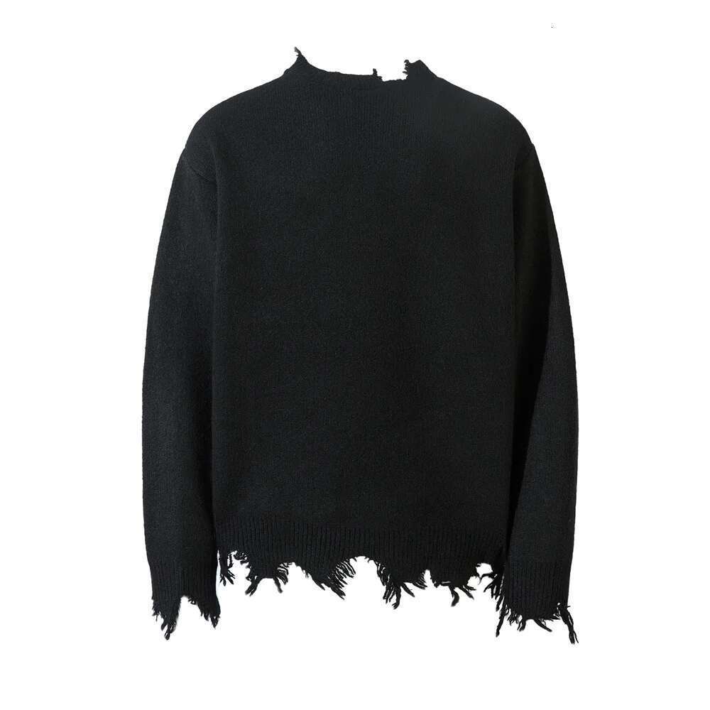 Raw Edge Knitted Sweater Mens Half Zipper Autumn Winter Loose High Street Long Sleeve Pullover Men