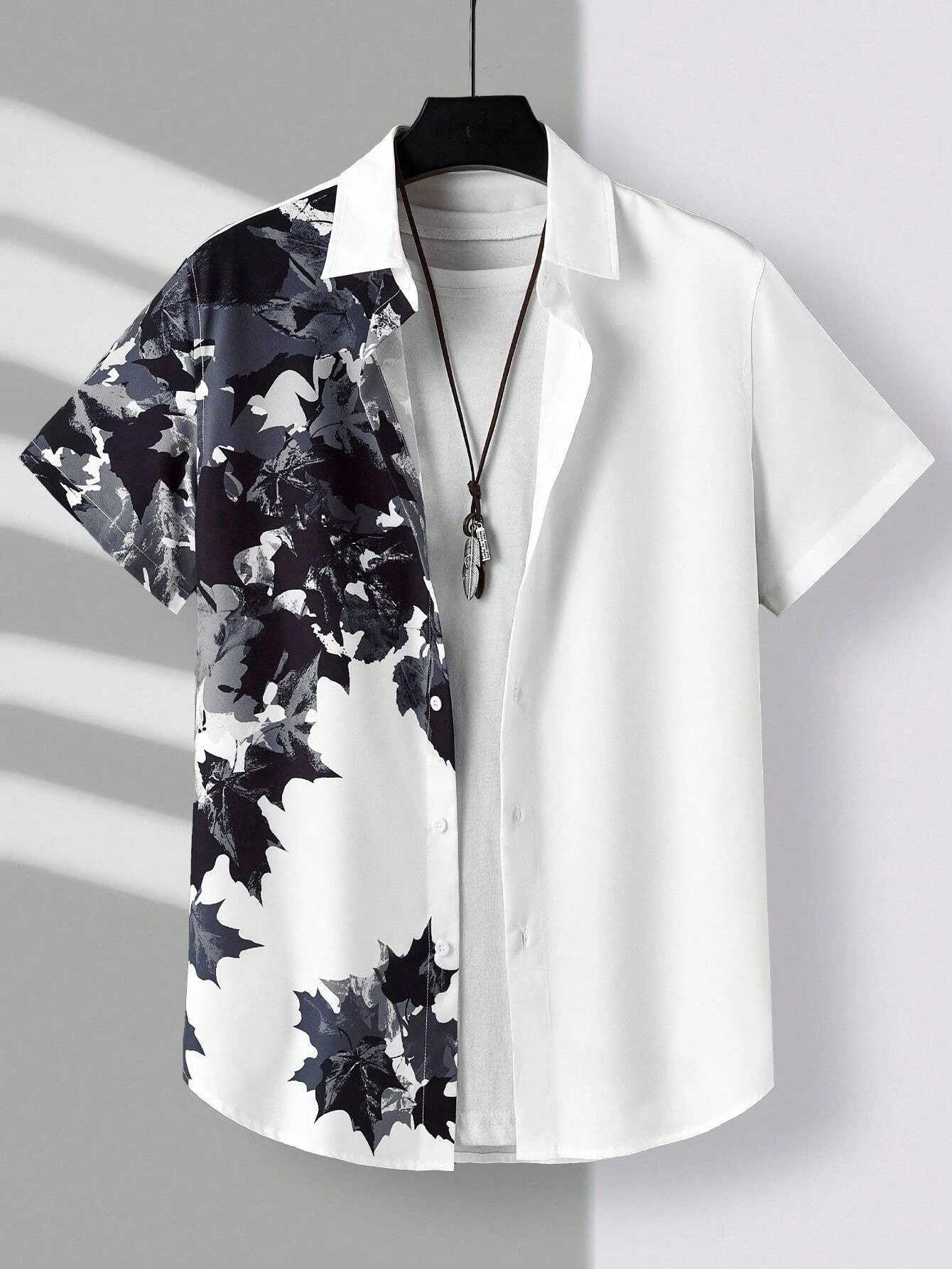 Mens Hawaiian pine palm tree floral print casual short sleeved mens button up topXJ250407