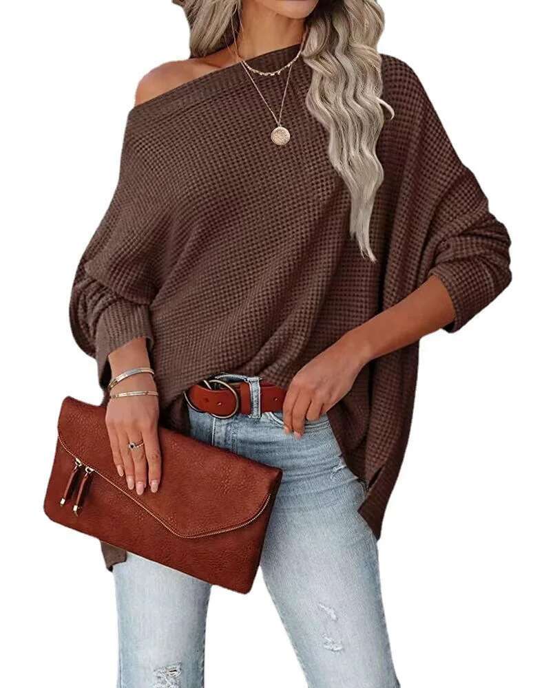 Knitted Waffle Shoulder 2024 New Autumn Europe And America Cross Border Women's Regular Top