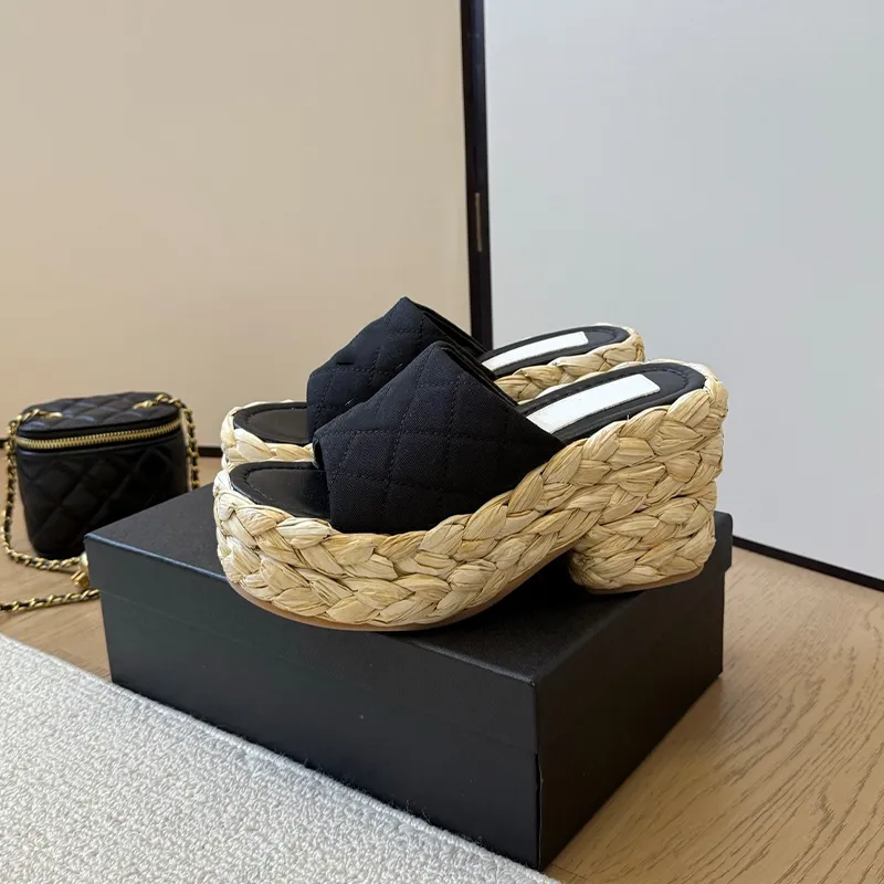 Top quality Mule slides Platform raffia leather sandals round toe shape slip on slippers women's beach Shoes luxury designer factory footwear size 34-41