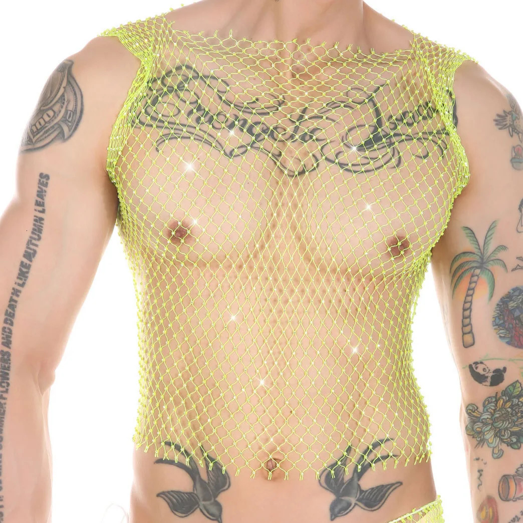 Mens Rhinestone Water Tank Top Transparent Mesh Shining through Fishnet Sparkling Festival Crop Top Sexy Club Party Carnival Set 250402