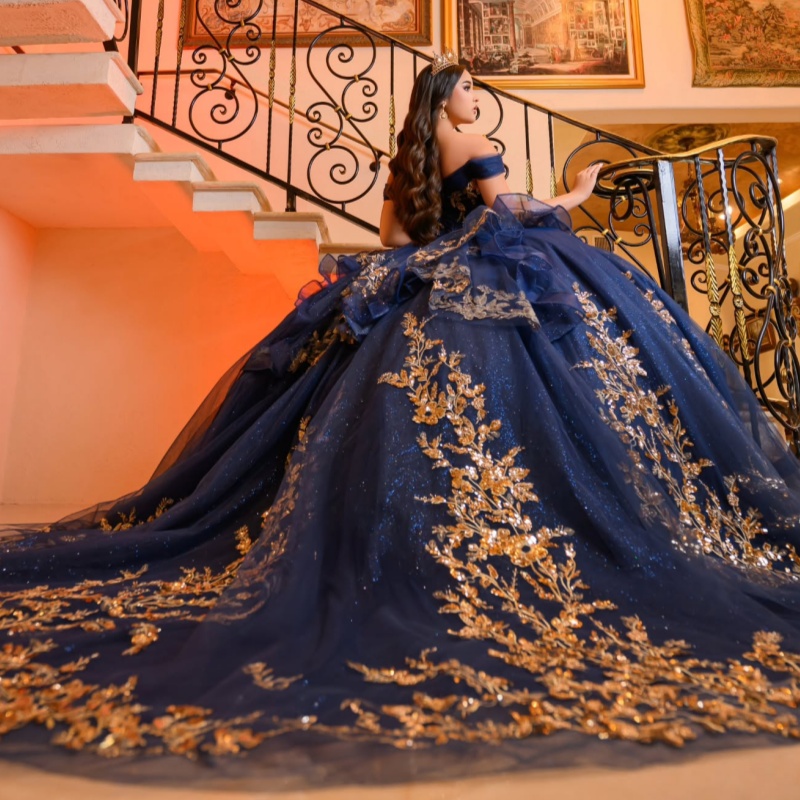 Navy Blue Shiny Princess Quinceanera Dresses Off Shoulder Beads Gold Applique Lace Tull Corset Sweet 16 Dress Ball Gown Vestidos 15 De Anos