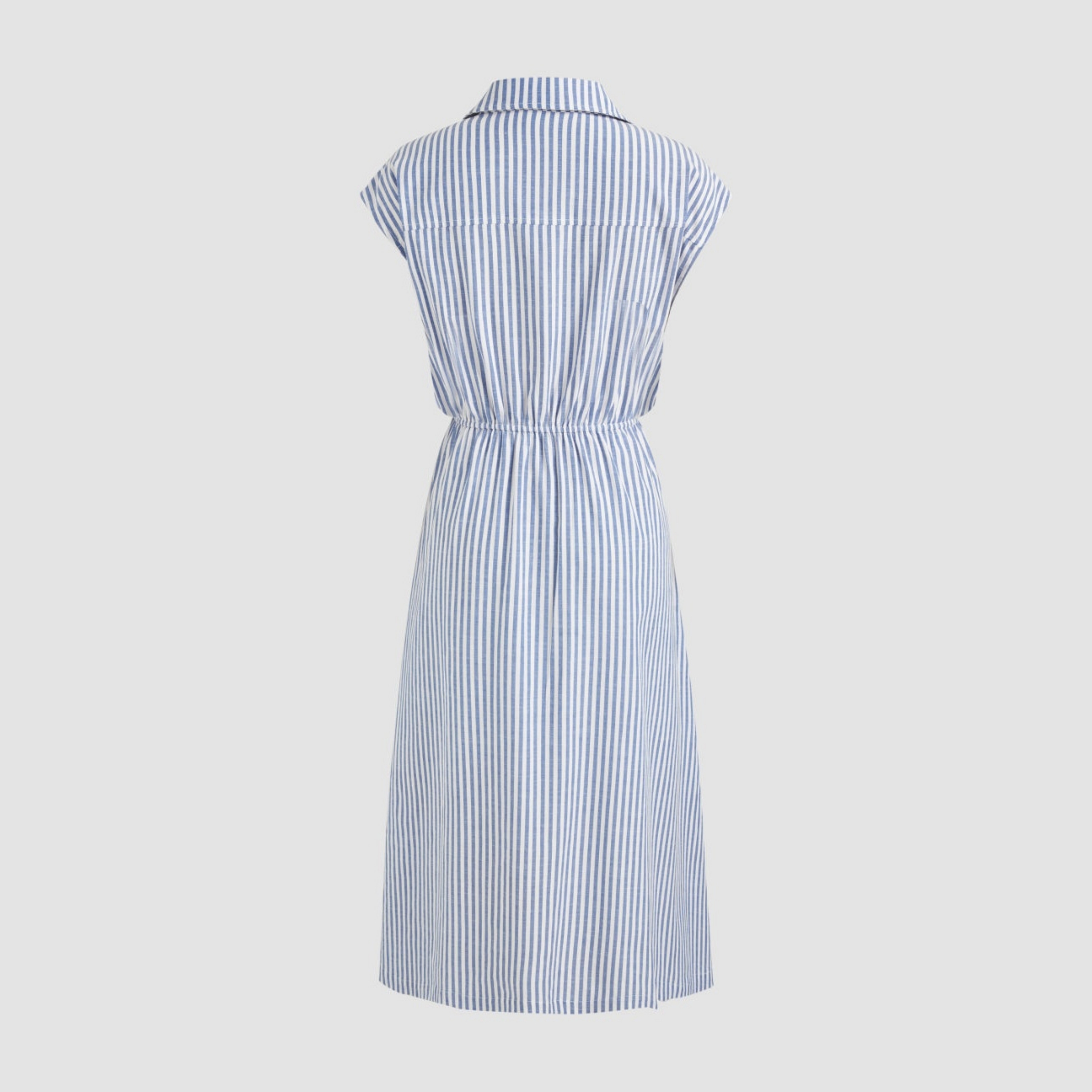 Women's White and Blue Striped Midi Shirt Dress Cotton-blend Collar Split Knotted Cap Sleeves Work Dress
