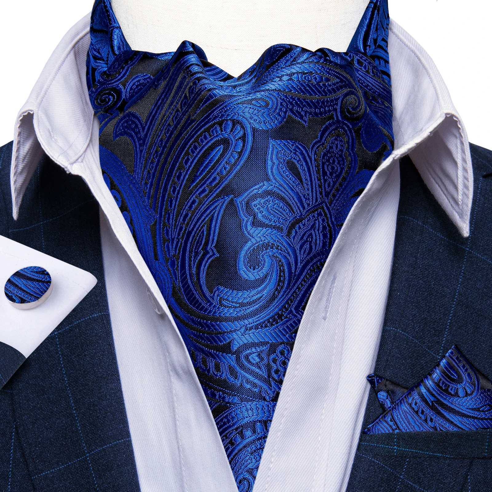 Ascot Ties for Men Luxury Paisley Floral Blue Black Cravat Necktie and Handkerchief Cufflinks Wedding Business Suits Accessories X250407