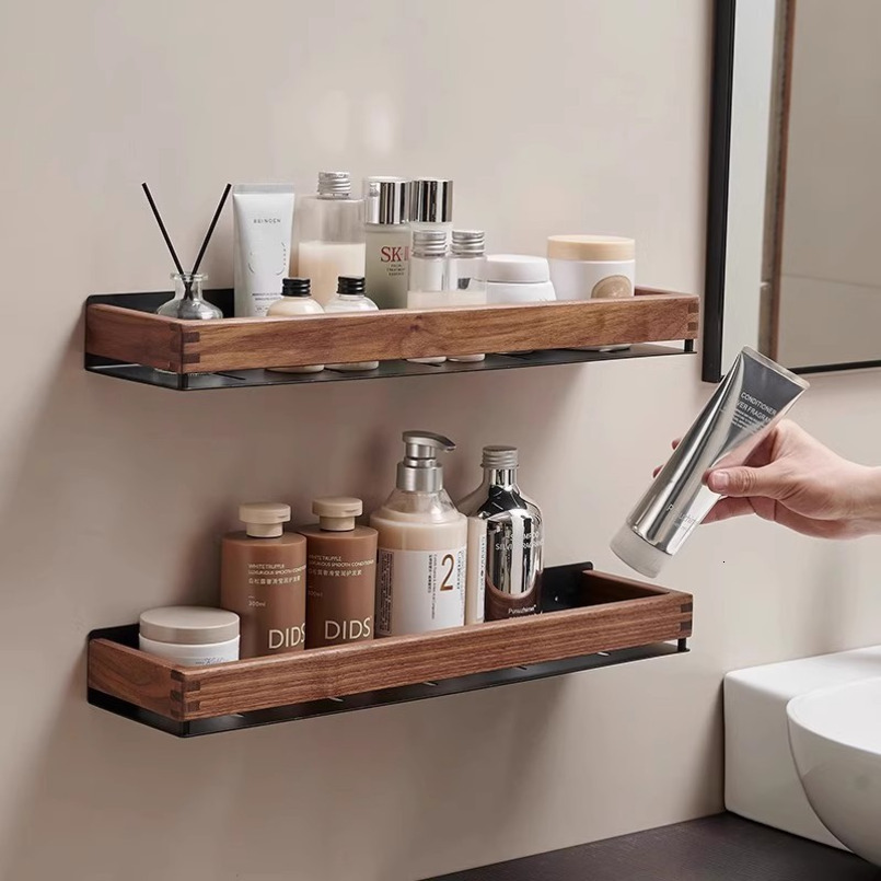 Walnut Bathroom Shelf Vintage Style Solid Wood Toilet No-Drill Washstand Wall Storage Rack