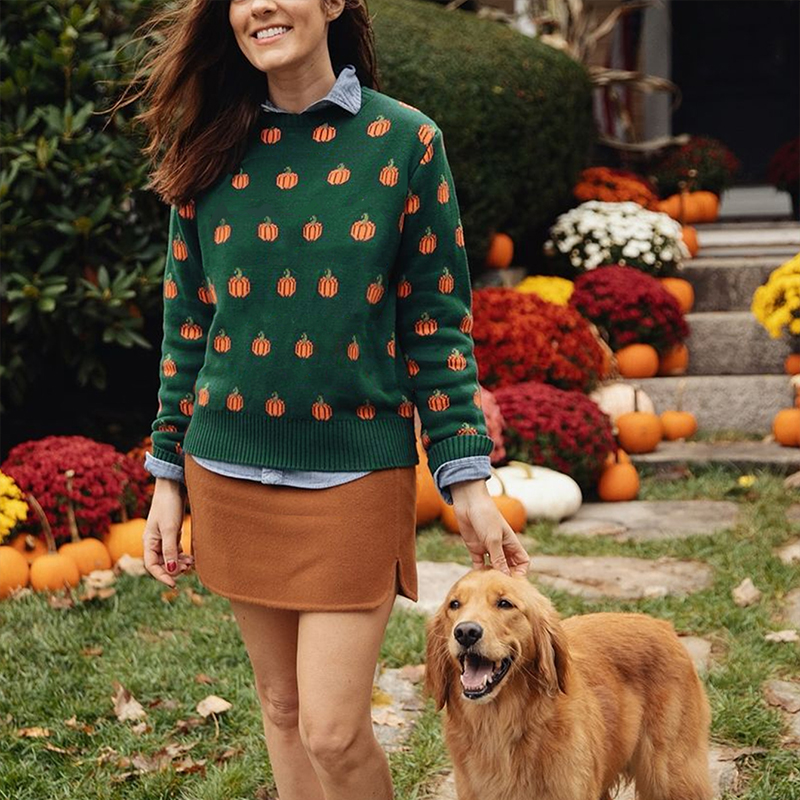 Women's new color-matching sweater, Halloween pumpkin jacquard long-sleeved sweater, romantic autumn clothing Valentine's Day outfit for wom