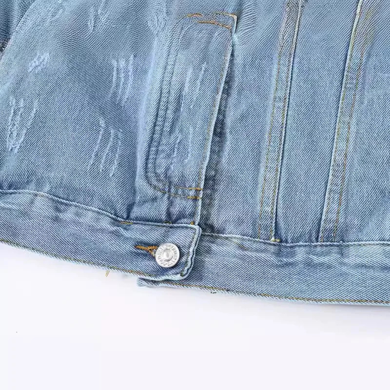 Denim jacket womens single chest blue hole lapel Y2k streetwear spring patchwork autumn 250407