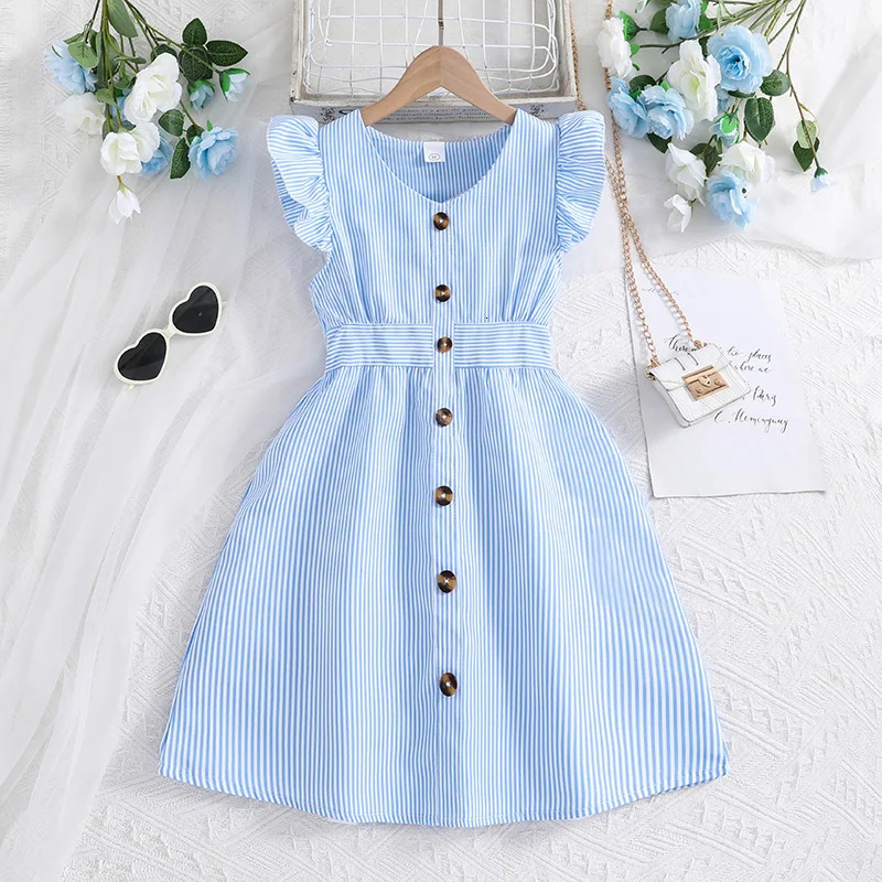 Girl Dress Summer Light Blue Stripe Ruffled Sleeveless V-Neck Dress Elegant Cute Daily Casual Vacation Preppy Style Outifits 250407