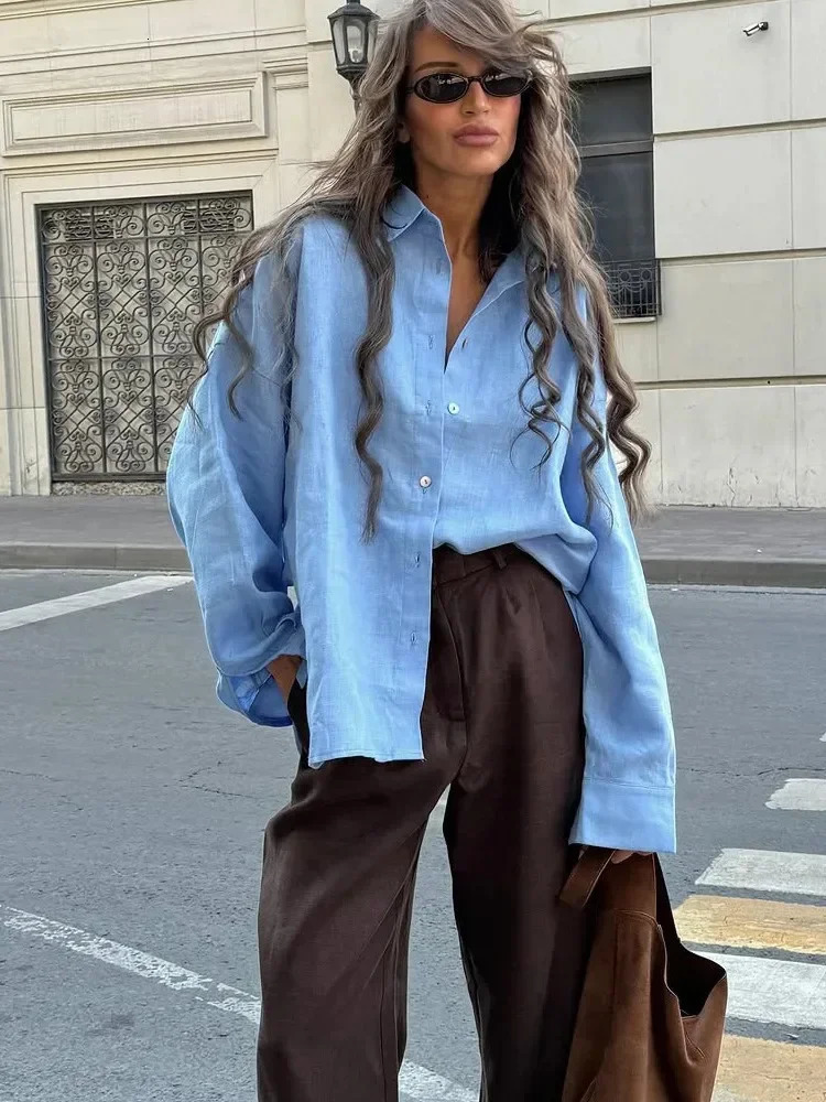 Summer Womens Linen Shirts Long Sleeve White Lapel Casual Loose Women Shirt Tops Solid Fashion Cotton Linen Shirt for Women 250408