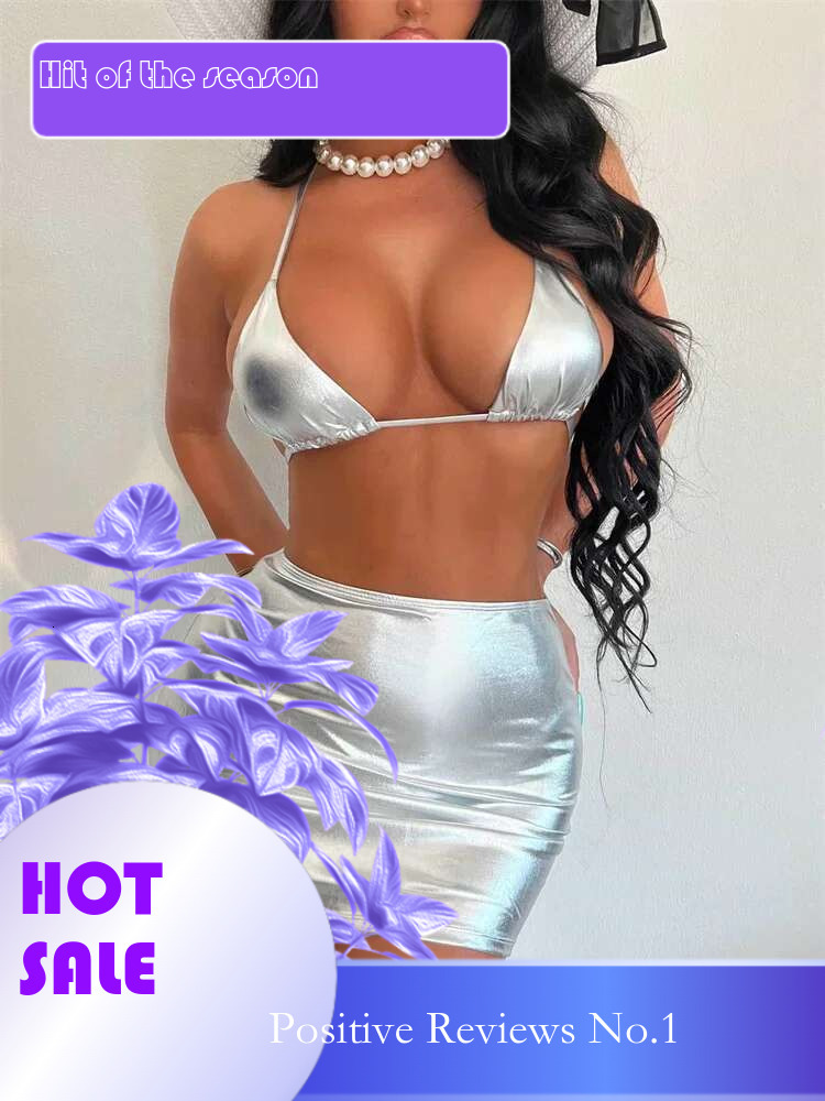 Dongdumaoyi Sexy Silver Piece Bikini Set Women Push Up Bra Skirt High Waist Swimsuit Summer Bathing Suit Brozing Swimwear Beachwear